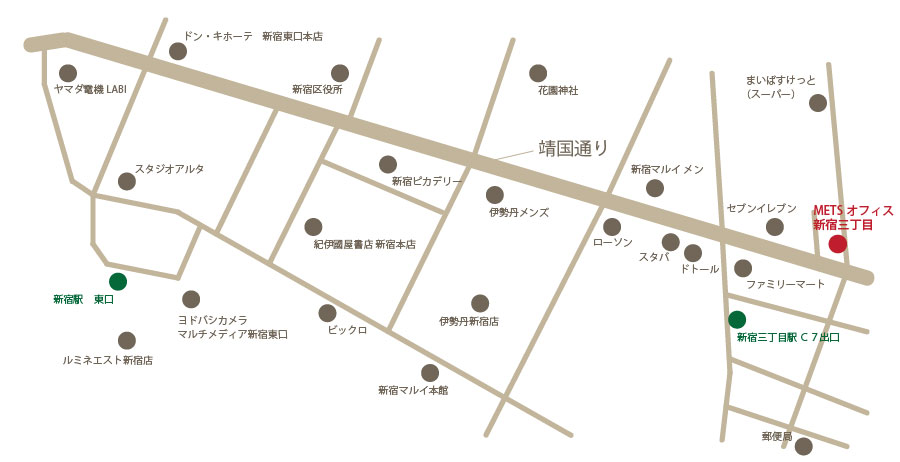 METSオフィス新宿三丁目付近の買い物スポット・施設・コンビニ等へのアクセスマップ